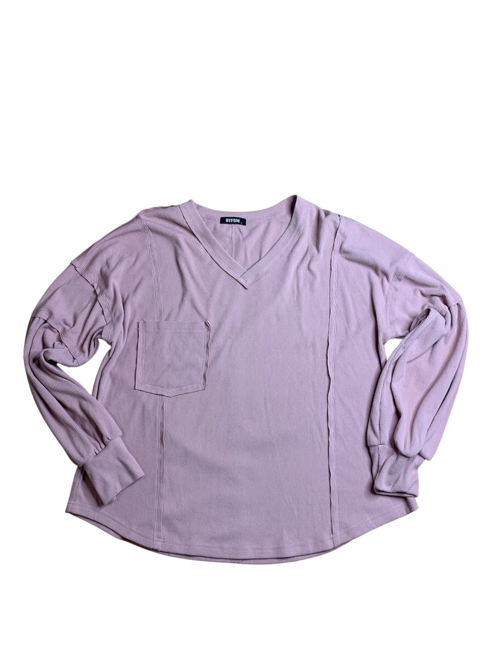 BTFBM Ribbed V-Neck Long Sleeve Pocket Top Dusty Pink Size Large